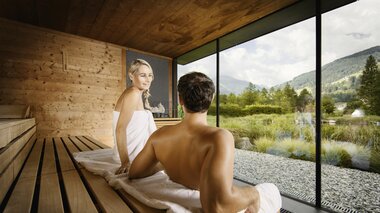 Sauna World Paar in Kristall Sauna mit Blick auf Thermalwasser Badesee | © Alpentherme Gastein/Marktl Photography